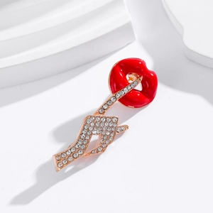 Lip design brooch with red enamel and pavé rhinestones in rose gold finish for women