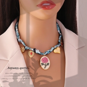 Vintage silk scarf necklace with floral rose cameo and multi-color heart pendants