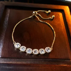 Luxury Gold Plated Copper Square Zircon Bolo Bracelet French Niche Adjustable Slider Hand Jewelry For Women Party Gift