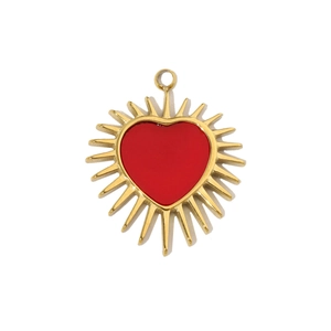 Close-up of a red heart pendant with gold sunburst rays in durable stainless steel