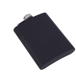 Matte black stainless steel hip flask 6oz with silver cap on white background