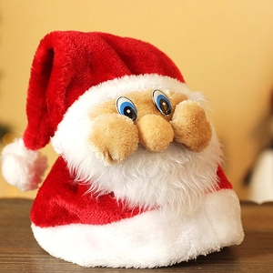 Classic red plush Christmas hat with 3D Santa Claus face and white faux fur trim