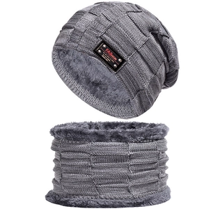 Knitted Beanie And Neck Scarf Acrylic Faux Fleece Lined Checkered Pattern Winter Warm Outdoor Thermal Windproof