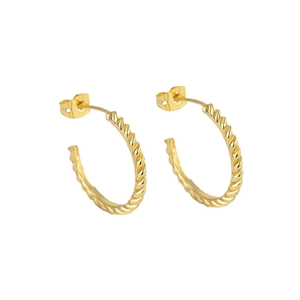 Elegant gold-plated spiral twist C-shape hoop earrings for women on white background