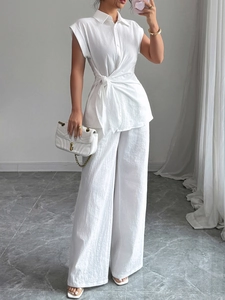 Women Elegant 100% Cotton Sleeveless Waist Tie Shirt And High Waist Wide Leg Pants Solid Casual Commute Outfit