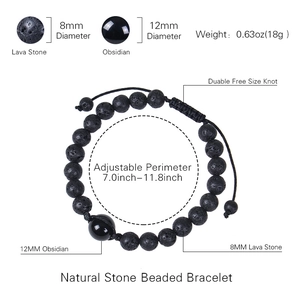 Bracciale regolabile in occhio di tigre da 12mm e pietra lavica con ossidiana