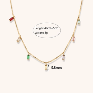 Minimalist gold necklace with colorful square zircon pendants and adjustable chain link