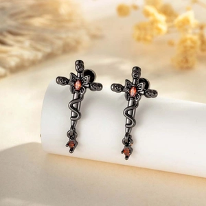 Gothic Cross Snake Piercing Stud Earring Black Titanium Steel Earring Post With Red Zircon Dark Punk Style For Unisex