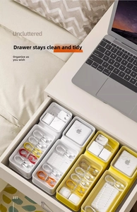 Macro detail of transparent cable organizer box for drawer storage of electronic accessories