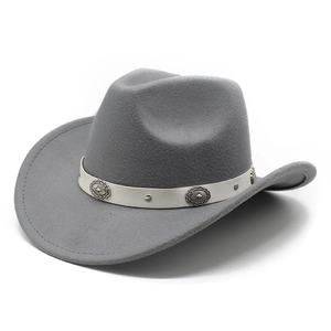 Detail of grey felt cowboy hat featuring white leather band with vintage metal studs