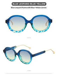 Detailed front and 45-degree side views of vintage round blue leopard print sunglasses