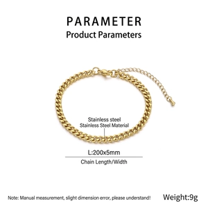 Detail view of 18K gold plated stainless steel Cuban chain bracelet with dimensions