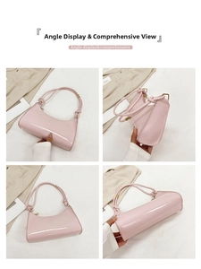 Detail shots of pink patent leather underarm bag with knotted strap from four angles