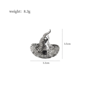 Silver witch hat brooch with black gemstone and dimensions 3.5cm by 3.3cm