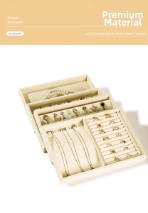 Detailed view of four beige velvet jewelry organizer trays for rings and necklaces