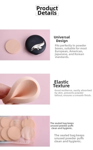 Detail of round beige makeup sponges showing elastic texture and resealable packaging