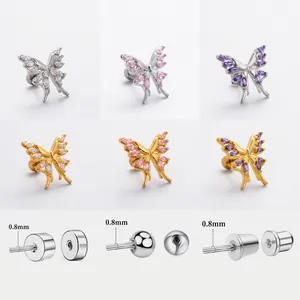 Titanium Steel Copper Zircon Butterfly Ear Cartilage Stud Threaded Screw Back Piercing Jewelry Elegant Fashion For Women