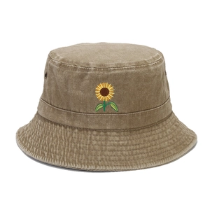 Vintage ξεπλυμένο χακί καπέλο bucket με κέντημα ηλίανθου σε καθαρό λευκό φόντο