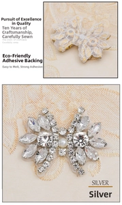 Detail of silver bow rhinestone patches with faux pearls and adhesive backing for dresses