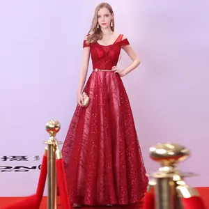 Elegant off-shoulder red evening gown with sequins and V-neckline A-line skirt