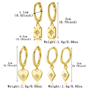 Detailed size chart for gold S925 sterling silver earrings with star-set cubic zirconia