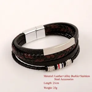 Braided leather multi-layer bracelet with magnetic alloy clasp for men in black and brown