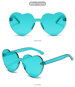 Detailed front and 45-degree side views of blue rimless heart-shaped sunglasses