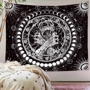 Gothic skull and moon phase tapestry for wall hanging and aesthetic room decor