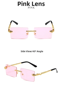 Detail view of pink rimless rectangle sunglasses featuring unique gold snake spiral temples