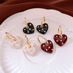 French Style Heart Pendant Hoop Earrings Copper Enamel With Sparkling Zircon Elegant Sweet Jewelry For Women