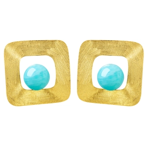 Minimalist square S925 silver studs with gold finish and green stone on white background