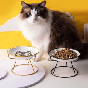 Erhöhte Keramik Katzennäpfe mit Gold und Schwarz Metallgestellen für Nackenschutz