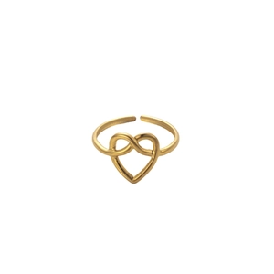 Minimalist golden stainless steel heart knot open ring with adjustable band on white background