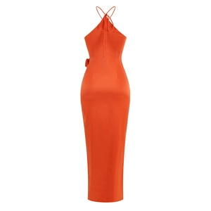 Bright orange halter neck satin maxi dress with a slim fit and backless cutout design