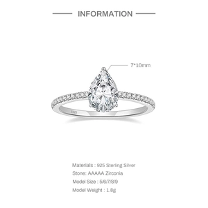 Macro view of pear-cut zirconia stone with size specs and 925 silver product details