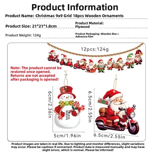 Detail view of 18-piece wooden Christmas ornament set in a 21x21x1.8cm wooden box