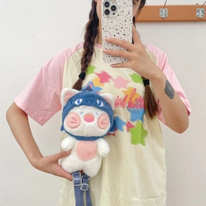 Cute white plush cat in shark costume backpack for women with soft fabric material