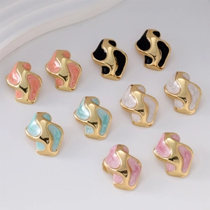 Minimalist irregular oval gold earrings with colorful enamel glaze in five vibrant colors