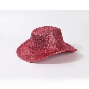 Close-up of vibrant pink glitter cowboy hat texture for party and rave events