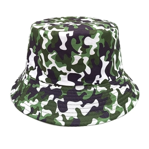 Detail of camouflage bucket hat with reinforced stitching on the brim for outdoor wear