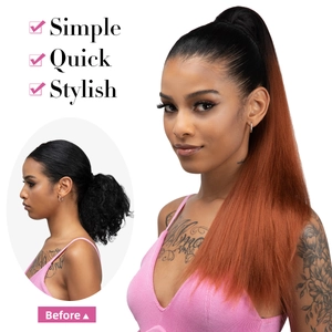 Copper orange drawstring high ponytail extension with long straight synthetic hair