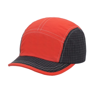 Five-panel quick-dry camper hat with contrast red and ripstop grey panels and white stitching