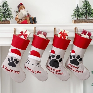 Christmas Stockings Linen Pet Paw Print Cat Face Fireplace Hanging Decorative Festive For Dog Cat Lovers