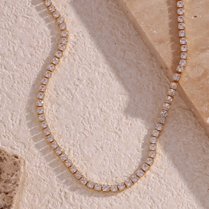 Women Fashion Simple Copper 14K Gold Plated Rhinestone Tennis Chain Necklace Elegant Geometric Clavicle Chain Jewelry