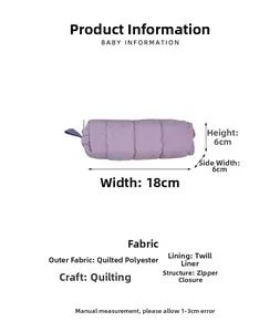 Detailed size chart for the purple quilted polyester pouch with zipper closure