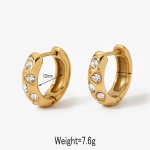 12mm gold stainless steel hoop earrings with clear zircon stones for women