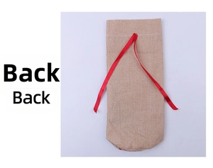 Back view of a rustic jute burlap wine bottle bag with a smooth red satin drawstring