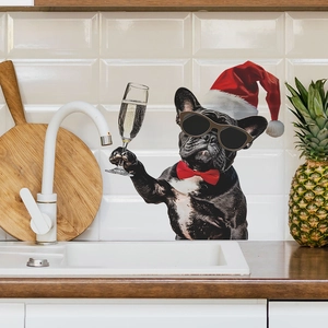Christmas French Bulldog wall sticker with Santa hat and champagne on white kitchen tiles