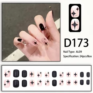 Schwarze und rosa Press-on-Nägel mit Sternmustern und Strasssteinen, 24er-Set Nägel