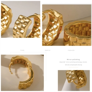 Macro shot of 18K gold textured hoop earrings with 3D square embossing and wavy edges